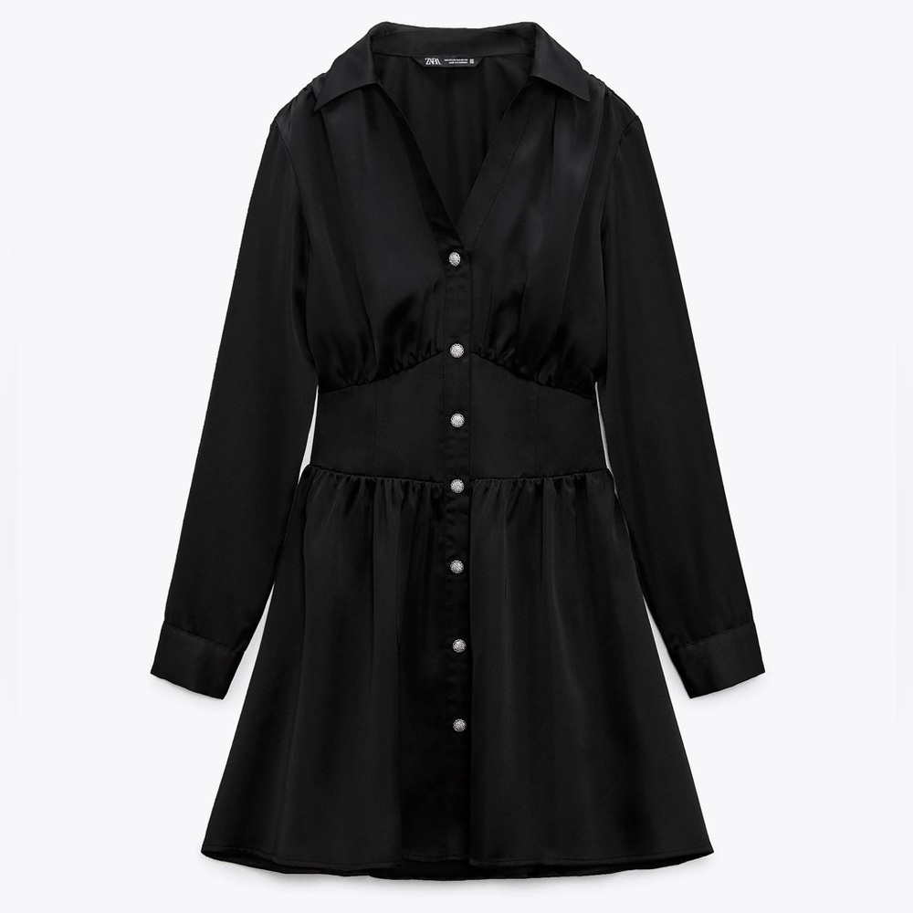 🖤 ᴢᴀʀᴀ // Long Sleeved Black dress with silver buttons /9/ size: XS